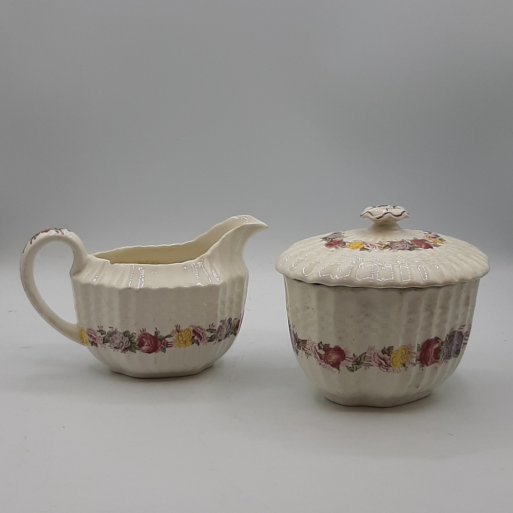 Vintage Copeland Spode Rose Briar Chelsea Wicker Creamer & Covered Sugar Bowl
